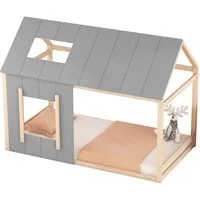 Flieks Kinderbett, Massivholz Einzelbett Hausbett mit Dach und Fenster 90x200cm