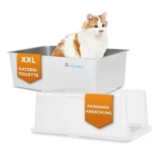 Lucky-Kitty Katzentoilette XXL (Edelstahl Weiß) + Haube (Weiß transparent)