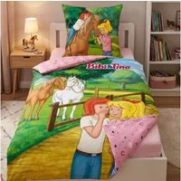 Familando Kinderbettwäsche Bibi und Tina, 100% Baumwolle, Rosa mit Pferden für Mädchen, Renforcé, 2 teilig, 135x200 80x80cm mit Reißverschluss, Wendebettwäsche