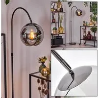 hofstein Bogenlampe Stehlampe aus Metall/Glas in Schwarz/Chrom/Rauch im Retro-Design, verstellbare Stehleuchte mit Glasschirmen (25cm) u. Fußschalter, E27