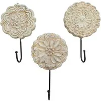 Macosa Home Dekohaken Wandhaken 3er Set Blumen Creme Grün Vintage, (Wanddekoration Kleiderhaken, 3-St., Garderobenhaken Garderobe), Zement Metall 17 cm Haken