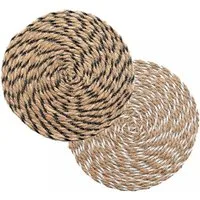 Macosa Home Platzset 2 STK. Stroh rund Braun Schwarz Weiß Platzmatten modern, Boho Tischset Tisch-Untersetzer Teller-Unterlage