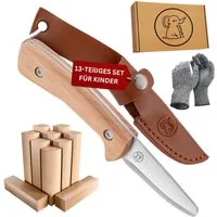Eli Taschenmesser Schnitzmesser Kinder - Kindermesser mit Ledertasche - Schnitzwerkzeug, (Kindertaschenmesser - Outdoor Messer, Kinderschnitzmesser - Griffe aus Buchenholz), inkl. schnittfeste Handschuhe - Beidhändig - rostfreier Stahl