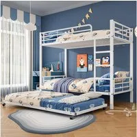 Flieks Etagenbett, Dreierbett Metallbett 90x200cm mit Leiter und Ausziehbett 90x190cm