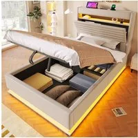 Odikalo Polsterbett Jugendbett Kinderbett 90x200 140x200 mit Bettkasten & LED (mit USB Typ-C Ladefunktion, LED-Beleuchtung, Hydraulische Lagerung, Flip-Top-Aufbewahrungsfach, Ohne Matratze, Drucktaste/Appdienung, Leinen)