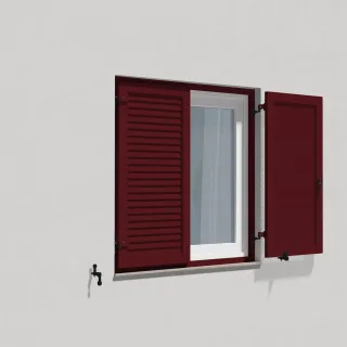 Fensterläden Weinrot, Klappläden mit Montagerahmen, RAL 3005 matt, 800 x 800 mm, 2-flügelig Lamellen Hamburg, individuell konfigurierbar