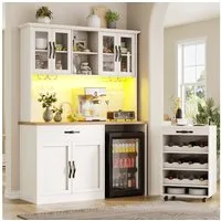 Odikalo Küchenbuffet Küchenschrank mit LED Rollwagen & Weinregal (mit Weinglasregal & Weinregal, Beleuchteter Sideboard Schrank für Wohnzimmer, Esszimmer)