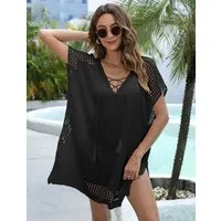 MOPUEA Strandkleid Strandtunika Lochstrick Boho Tunika Bikini Cover-up mit V-Ausschnitt (Damen Blusenkleid Strandponcho Lochmuster für Urlaub und Strand) Strandkleid mit Schnürung, Quasten Oversize für Bikini und Badeanzug