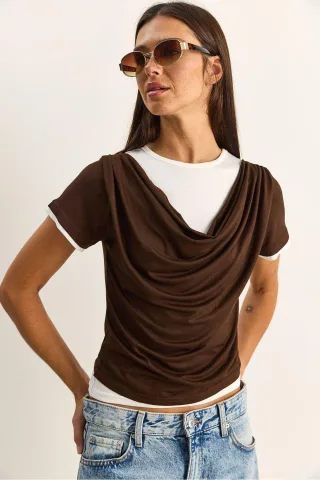 Damen T-Shirt mit Schalkragen und kurzen Ärmeln