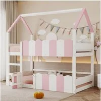Merax Etagenbett aus Massivholz im Haus-Design (1-St., Jugendbett Hausbett Hochbett), Kinderbett 90x200cm mit Leiter Tür Sicherheitsgeländern Unterbereich