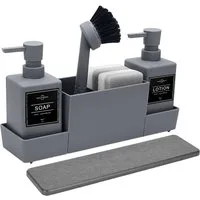 Lumkudos Küchenorganizer-Set 350ML Spülbecken Organizer mit Bürste, Seifenspender Spülschwamm, (4-tlg., Flaschen*2, Schwämme*2, Tablett*1, Pinsel*1, Aufkleber, Matte*1), Spülorganizer mit Zwei Seifenspender, Küchengadget Organizer