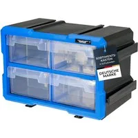 HMF Sortimentskasten Sortierbox für Kleinteile mit 4 Schubladen, Sortimentskasten, für Schrauben und Werkzeug 8 Fächer, 29,5 x 19,5 x 16 cm, Blau-Schwarz