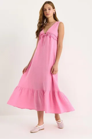 A-Form Midi-Kleid mit V-Ausschnitt und Bindungsdetails