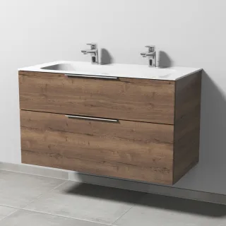 Sanipa 3way Keramik-Set Finion Keramik-Doppelwaschtisch und Unterbau mit 2 Auszügen, Eiche-Tabak UM40350