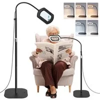 QUBEBU LED Leselampe Stehlampe Standleuchte mit 10 Dioptrien Lupe, 3-in-1 Schreibtischlampe, 10X Lupe mit Licht, LED fest integriert, LED Beleuchtete Lupe mit 5 Farbmodi und Stufenloser Dimmbarkeit, Klemmlampe mit Base und Schwenkarm, Stehleuchte, fü