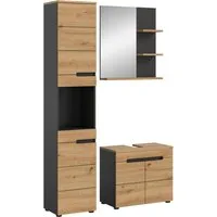 welltime Badmöbel-Set REHAT, 3-teilig, Breite 116 cm, mit grifflosen Fronten, bestehend aus:, (3-St), 1x Hochschrank, 1x Waschbeckenunterschrank & 1x Badspiegel