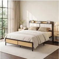 Jiexi Bettgestell Metallbett 140x200 mit Stauraum-Kopfteil, ohne Lattenrost, Schwarz