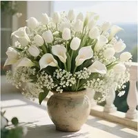 Kunstblumenstrauß Weiß mit Tulpen & Calla künstliche Blumen realistisch elegant Deko, Fanci Home
