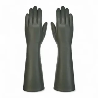 Lange olivgrüne Winterhandschuhe aus italienischem Leder mit weichem Wollfutter