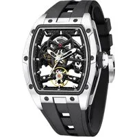S&T Design Automatikuhr Armbanduhr Herren Uhr Edelstahl Silikon Skelett Skelleton, (inkl. Geschenkbox, Schnalle), Mechanisch 50M Wasserdicht Rechteckig