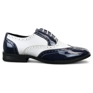 Herren Lack Schnürschuhe Marineblau Weiß Brogues Elegante Abendschuhe
