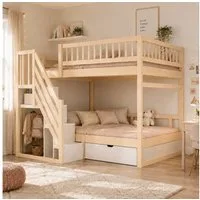 Flieks Etagenbett, Massivholz Kinderbett 140x200cm mit Stauraumtreppe und Schublade