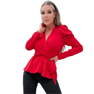 AX Paris - Wickel-Oberteil für Damen, Mit Gürtel, Puffärmel (Rot)