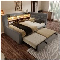 REDOM Polsterbett Flexibles Ausziehbett mit integrierter Ladestation (Packung, 1-tlg., Mit LED, 4 USB-Anschlüssen, Stauraum & zwei Größen (90x190/200 cm), L-förmige Konstruktion für variable Raumaufteilung(ohne Matratze)