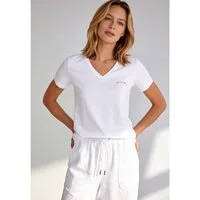 MORE&MORE Kurzarmshirt stretchiges V-Neck- Shirt, Schriftstickerei
