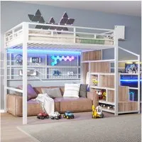 Merax Hochbett 140x200 cm mit LED-Beleuchtung (Doppelbett Jugendbett Kinderbett mit Metallrahmen, 1-St) Metallbett mit Stauraumleiter, Kleiderschrank & hängendem Gitter