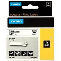 Rhino IND ORIGINAL Schriftband Vinyl 9mm x 5,5m, schwarz auf weiß permanent klebend, 18443