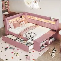 Merax Daybett 90x200cm mit USB-Anschluss & LED-Lichtleiste (Jugendbett Einzelbett Kinderbett, 1 tlg), Schlafsofa Tagesbett mit Schuhschrank, 2 Schubladen & Ablage, Leinen