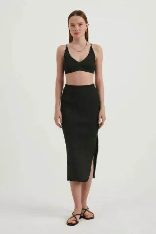 2 Teile: V-Ausschnitt Bodycon Crop Top & Hohe Taille Maxi mit Seitenschlitz