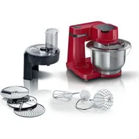 BOSCH Küchenmaschine Serie 2 MUMS2ER01, Durchlaufschnitzler, 4 Scheiben, rot, 700 W, 3,8 l Schüssel, Durchlaufschnitzler, 3 Reibescheiben, Patisserieset Edelstahl