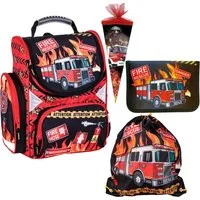 GOLDKIDS Schulranzen Feuerwehr Firefighters Grundschule (ergonomischer Ranzen Federmappe, 1-tlg., Federtasche Federmäppchen ohne), Inhalt Turnbeutel Zuckertüte 4er Set Fire