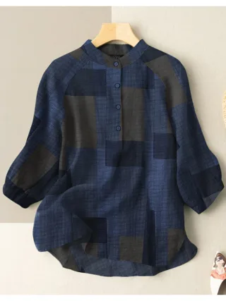 ZANZEA Plus Size Loose Fit Check Print Button Stand Collar 3/4 Sleeve Cotton Linen Women Blouse