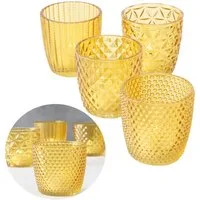 LS-LebenStil Teelichthalter 4´er Set Teelichtgläser Retro Gelb 7cm Glas Windlicht (4´er Set Kristall Ornament Windlicht für Teelichter, 4 St., Halter Kerzenständer Tischdeko Kerzenhalter Gläser für Teelichter), 7x7cm, 4´er Set Kristall Ornament Windl