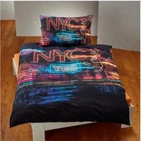 TRAUMSCHLAF Bettwäsche NYC, Renforce, 2 teilig, Neon Schriftzug