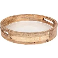 Levandeo® Dekotablett, Tablett 35cm Rund Mango Holz Creme Perlmutt Emaille Ablage