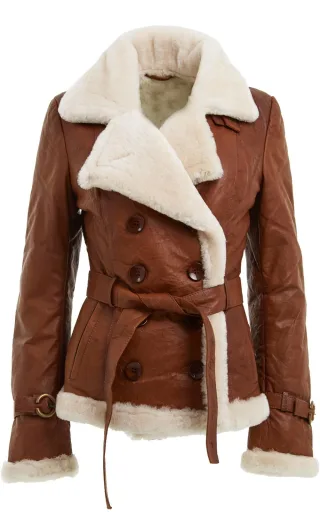 Hellbraune zweireihige Fliegerjacke aus Schaffell für Damen – Leshan