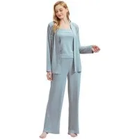 M-Diamant Schlafanzug Damen Pyjama-Set Damenwäsche V-Ausschnitt 3 teilig (Set, 3 tlg) 3-teiliges Set: Jacke mit V-Ausschnitt und Knöpfen, Trägertop und Hose
