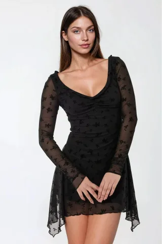 Blumen-V-Ausschnitt Figurbetontes Mini-Kleid