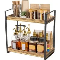 HEYHIPPO Flaschenregal Lagerregal Gewürzregal Kosmetikregal Doppelschichtiges Holztablett, küchenregal stehend für arbeitsplatte kaffeeregal gewürzregal holz, Metallrahmen, Organizer für die Arbeitsplatte, L35 x H35 x B17 cm