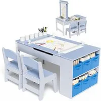 TLGREEN Kindertisch mit 2 Satz Stühlen, Kinder Tisch Stuhl Set Holz (Kindermaltisch mit Papierrolle und Stauraum, Mal und Basteltisch), Wasserdichtes Kindertisch für Malen/Lernen/Essen(ab 3 Jahre)