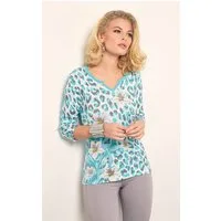 Passioni 3/4 Arm-Pullover Sommerpullover mit Leoprint und Blumen mit Glitzersteinen