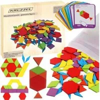 KRUZZEL Lernspielzeug Pädagogisches Holzpuzzle Tangram mit 155 Teilen und 24 Musterkarten (Geometrisches Lernpuzzle mit Holzblöcken und Aufbewahrungstüte, 179-St., Lernpuzzle Set mit 155 Holzblöcken und 24 Lernkarten), 155 Holzblöcke, Montessori Spie