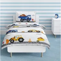 MTOnlinehandel Babybettwäsche Bagger 100x135 + 40x60 cm, 100 % Baumwolle Flanell, Biber, 2 teilig, Fahrzeuge, Baustelle Kinderbettwäsche für Babys und Kleinkinder