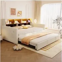 Flieks Daybett, LED Polsterbett 90/180x190cm mit Ausziehbett, Staufächern und Aufladen