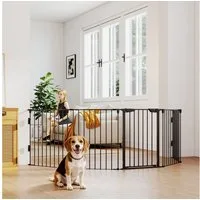 PawHut Freigehege 2 in 1 Welpenauslauf 5-TLG Klappbar Absperrgitter Hund mit Tür, für kleine und mittelgroße Hunde, 300 x 74,5 cm, Metall, Schwarz