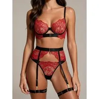 Elegant Love Set: Bügel-BH Damen-Dessous-Set aus bestickter Spitze – Lingerie mit Strumpfhalter (Set, 4-tlg., BH, Strumpfhaltergürtel, Tanga, Beingurt) Luxuriöse Reizwäsche – Sexy Unterwäsche mit goldenen Details
